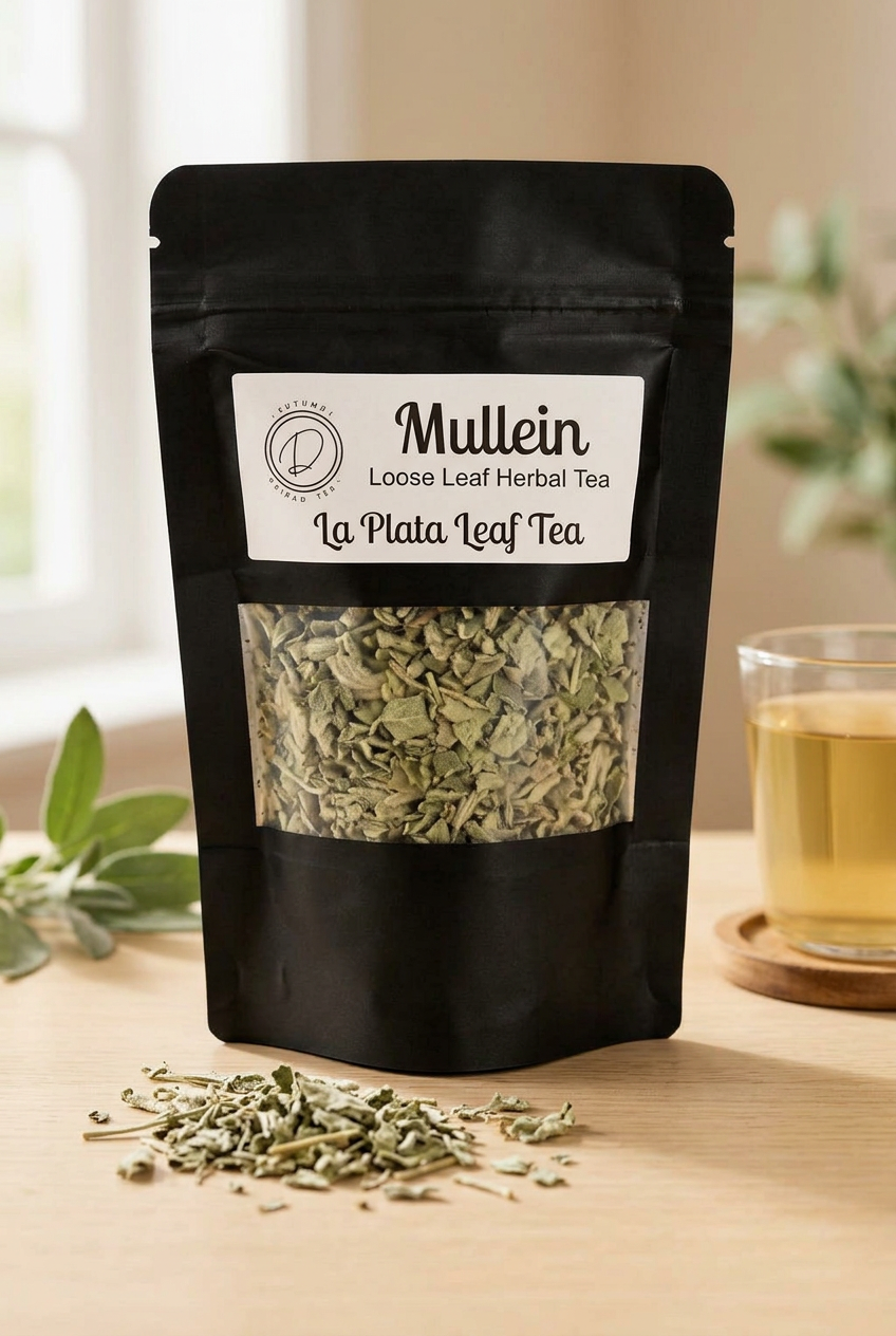 Mullein loose leaf tea in branded black pouch